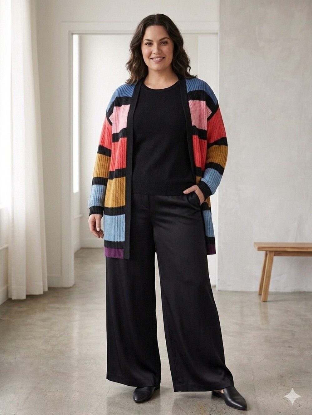 Multicolor Block Knit Open Cardigan - Women's